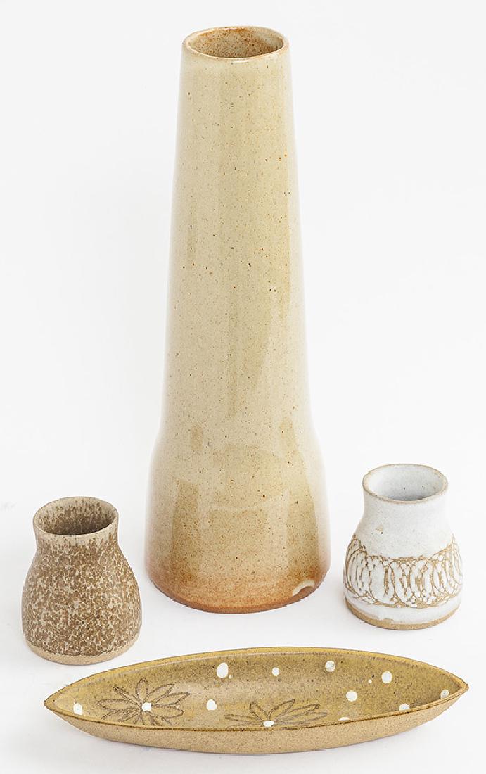 Gordon and Jane Martz Assembled Grouping: Assembled group of four pieces. Three vases, one dish. Marshall Studios. Incised signature to underside. Tallest Vase 5 dia x 14 1/2h