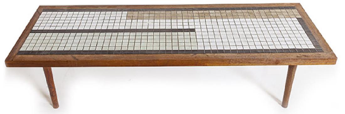 Gordon and Jane Martz Coffee Table: Coffee table, Marshall Studios, 1960. Walnut, ceramic tiles 74w x 19d x 15h