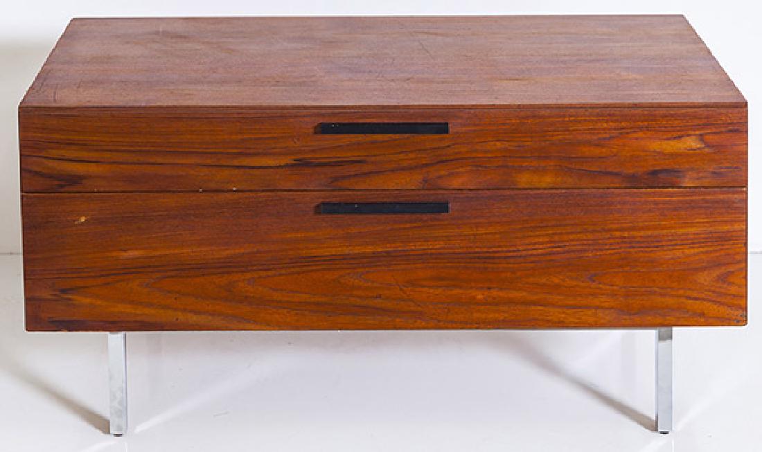 IB Kofod-Larsen Cabinet: Cabinet, two drawers. 1960's Faarup Mobel Fabrik Denmark. Teak, enameled metal, chrome plated metal 45w x 22 1/2d x 24 1/4h