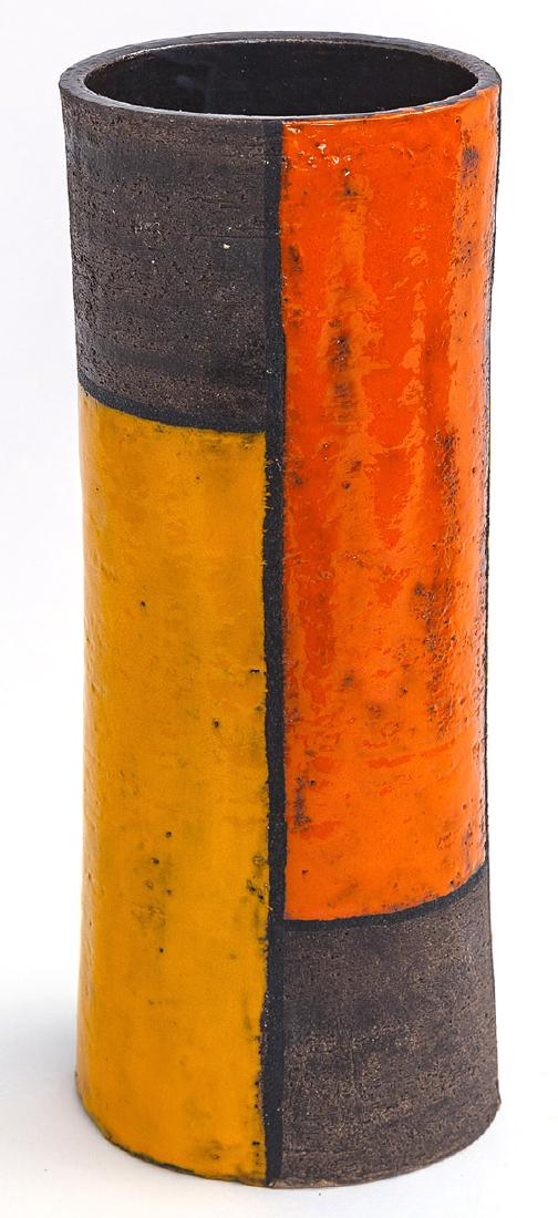 Aldo Londi Bitossi Vase: Ceramic cylinder vase, Raymor, 1950's. Size 5 3/4w x 4 3/4d x 15 1/4h
