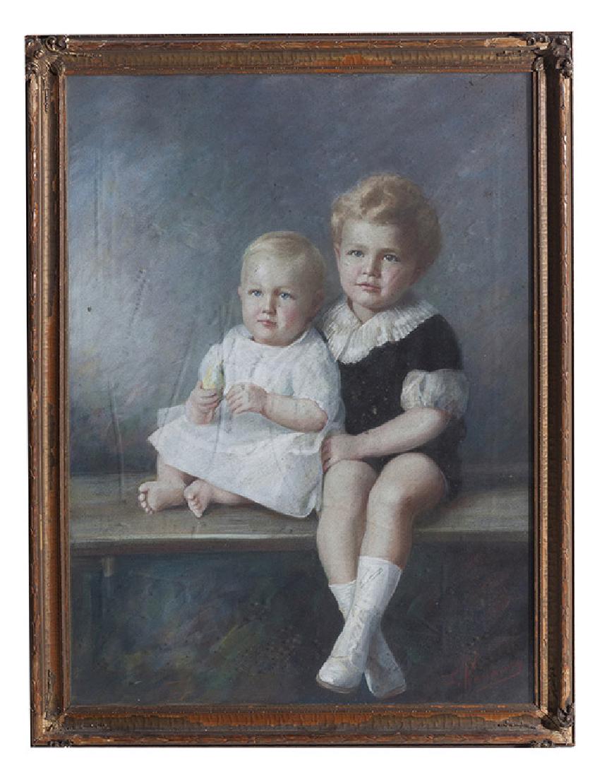 Oil Painting of Two Children: Oil on canvas, Edwardian period, artist signed "L. Kahaney", two blonde haired brothers with younger holding a bird in hand, signed lower right, 25 x 34" in period frame, 29 x 38 1/2".