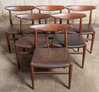 Hans J. Wegner Dining chairs: Set of six. C.M Madsens Fabriker Denmark. 1953. Signed with partial stamped manufacturer's mark to frame of each example. C. M. Madsen Fabriker Haarby Danmark made in Denmark. Designer Hans J. Wegner