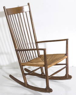 Hans Wegner Rocking Chair: Rocking chair. Model J16. FDB Mobler. 1950's. Teak with rope cord. 25w x 28d x 43 1/2h