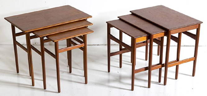 Hans J. Wegner and Severin Hansen Nesting Tables: Two sets. Hans Wegner by Andreas Tuck. Denmark. 1960. Set of three. Teak. 10 1/2w x 13d x 19h (Largest). Hansen Haslev Mobelsnedkeri A/S Denmark. 1965. Teak.