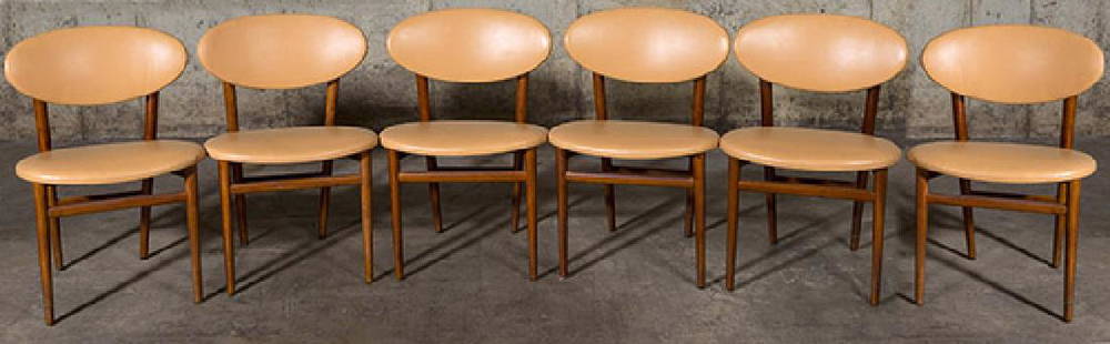 Grete Jalk Dining Chairs, set of six: Jacob Kjaer Mobelhaandvaerk. Denmark. 1953. Teak and leather. 20 1/2w x 20d x 30 1/4h.