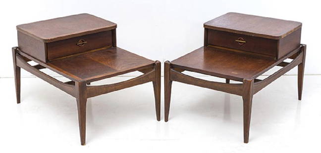 Mid Century Occasional Tables: Step tables, pair. Walnut, metal. Designer unknown 21w x 31d x 20 1/4"h