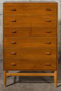 Poul Volther Chest: Chest of drawers. Denmark. 1950. FDB Mobler. Teak and oak. 31 w x 18 1/2d x 5h.