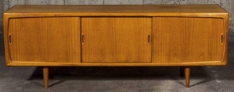 Arne Vodder Credenza: Credenza. H.P. Hansen. 1960's. Three doors and four drawers concealing great storage. Teak. Manufacture stamp to back side. 86 1/2w x 19 1/2d x 31 1/2h