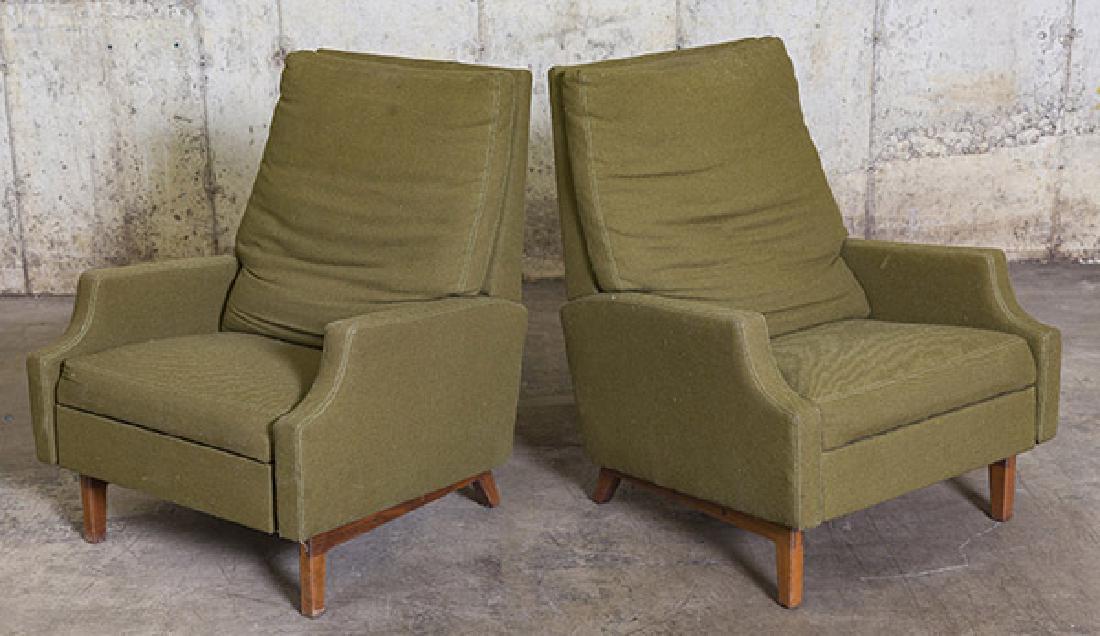 Rare Milo Baughman Spring Recliners: Rocking, reclining lounge chairs. James, Inc. 1960's Walnut, upholstery 27w x 32d x 35h