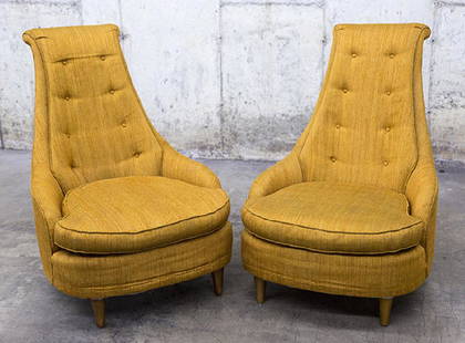 Karpen High Back Lounge Chairs: Lounge chairs, pair. Karpen of California. 1950's, walnut, upholstery 29 1/2 x 36 x 39 1/2