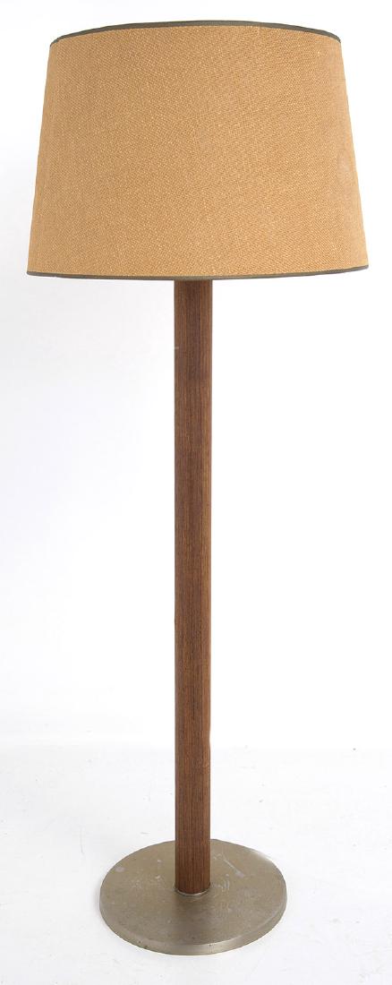 Bill Curry Floor Lamp: Floor lamp. Laurel Lighting Company, 1960;s Manufacturer's label near socket. Brass, walnut, grass cloth. 11" dia x 50 1/2h