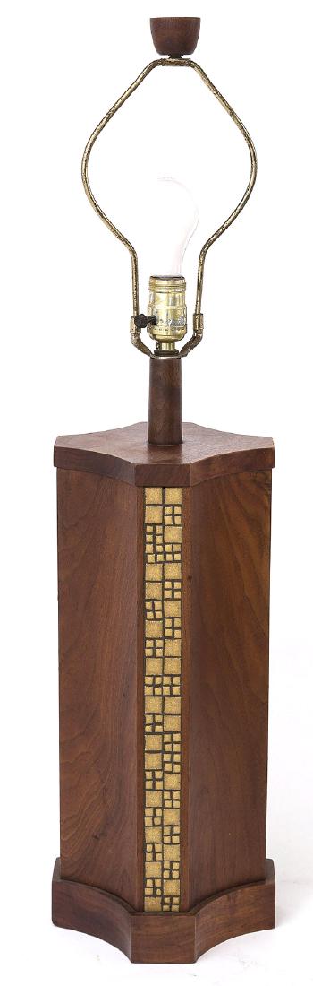 Rare Gordon and Jane Martz Table Lamp: Table lamp, Marshall Studio's, Walnut, tile, brass 6 1/2 x 6 1/2 x 32"h