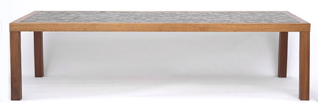 Gordon and Jane Martz Coffee Table: Coffee table, Marshall Studio's 1950's. Ceramic, walnut 60 1/2w x 23d x 16"h