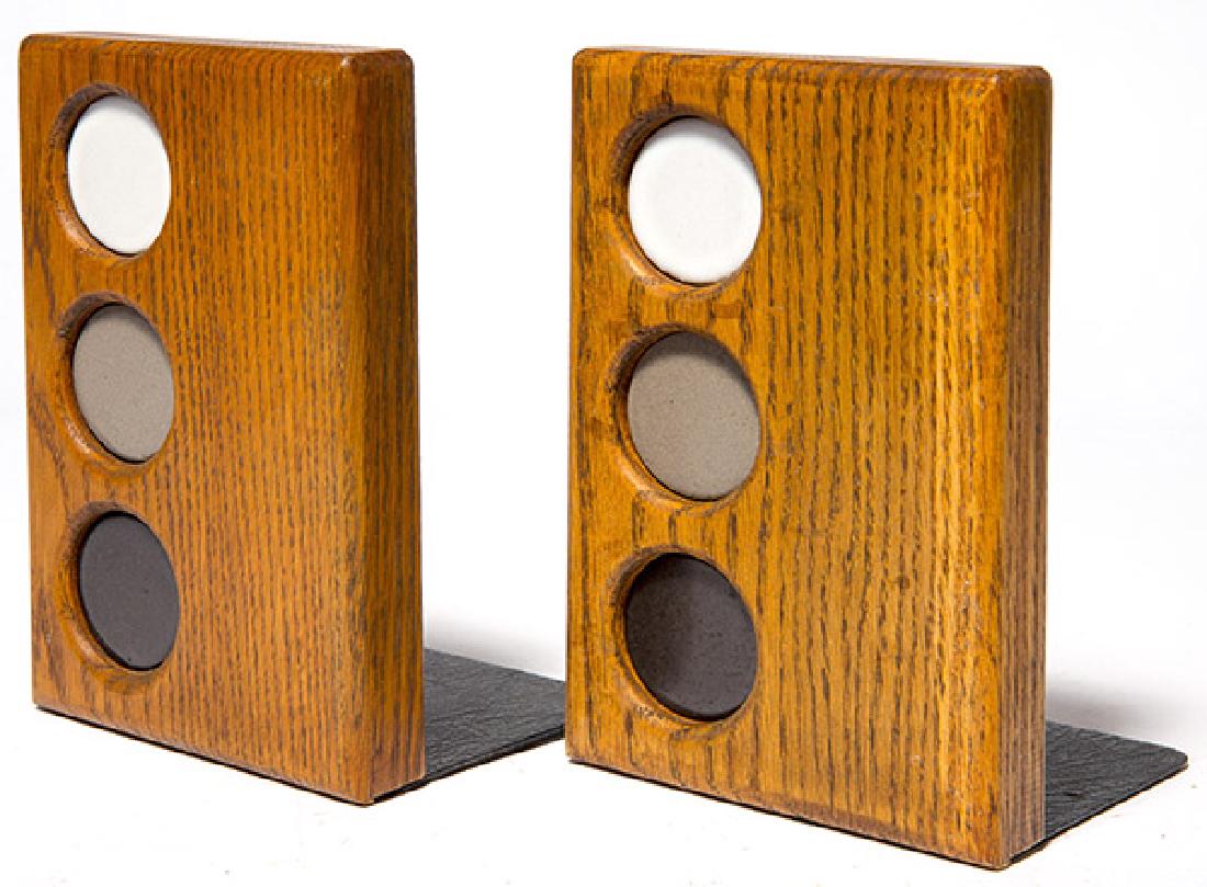 Gordon and Jane Martz Bookends: Bookends, Marshall Studios, 1950's. Oak, ceramic, metal 5w x 1d x 7 1/2h