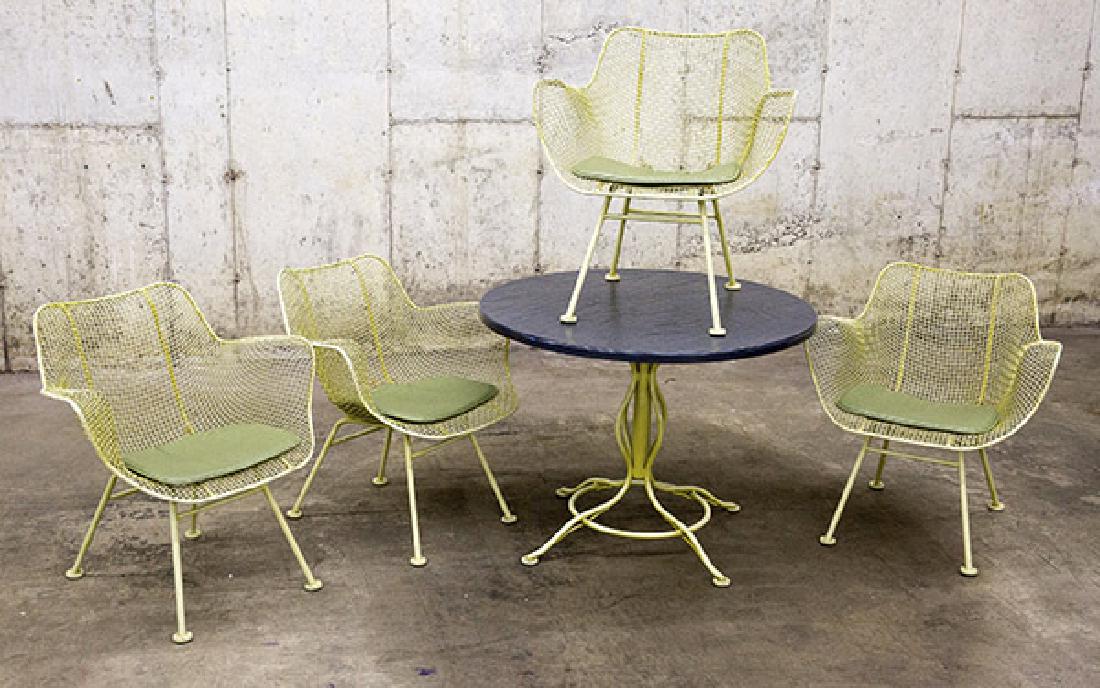 Russell Woodard "Sculptua" Dining Set: Dining set, four mesh chairs and dining table. Woodard Furniture Co. 1950's. Wrought Iron, fiberglass. Chairs 26 1/2w x 23d x 28h, Table 35 3/4 dia x 26 3/4h