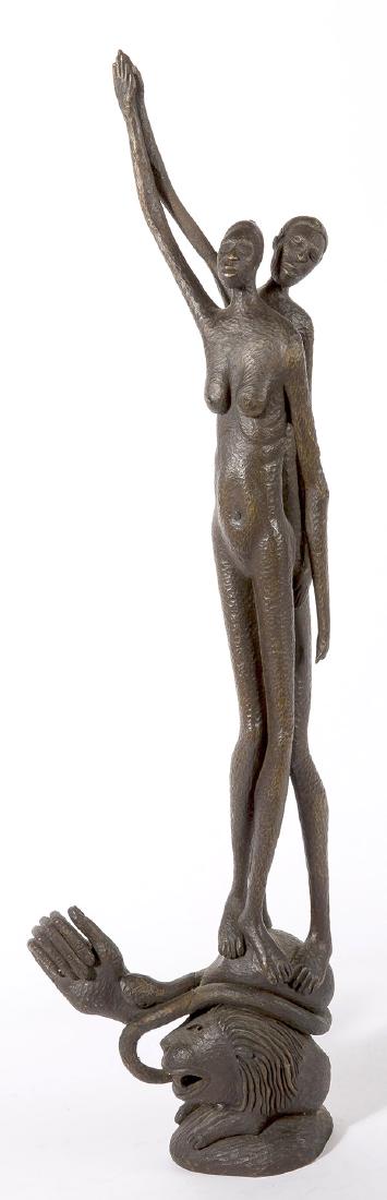 Abdel Mason Sculpture: Surrealist carved wood saulpture. Incised signature to underside and dated 1978. 10w x 5d x 38 1/4h
