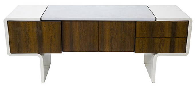 William Sklaroff Uniplane Credenza: Special ordered credenza, Vectra, 1971. Hand layered fiberglass, rosewood, leather. Three doors and two doors concealing one shelf. Back side is finished. 73 w x 19 3/4d x 29h.