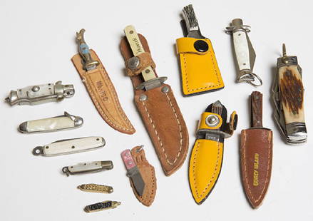 assembled miniature pocket knives: 6 knives with sheathes, 1 multi tool knife, 1 switch blade, 6 pocket knives