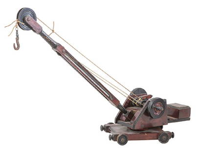 19th Century Toy Crane: Toy crane, circa 1880-1890. Pivoting crane, manual winding wheels on pulley system. Wood wheel. Registration # 51063. 13 1/2 x 21 1/2 x 27h (not including crane).