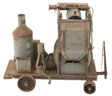 Buddy 'L' Concrete Mixer: Toy concrete mixer, circa 1929-1931. Pressed steel, grey frame & body, crawler wheels, metal treads missing, has water tank and chute, well scaled and detailed construction. 15 1/2h.