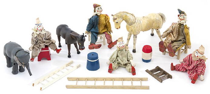 Shoenhut Circus Grouping: Circus grouping. Eight total figures; two ladders, two chairs, and three stools. Elephant, donkey, horse, and five clowns.