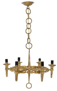 Gilded Regency Chandelier: Chandelier, circa 1940's. Gilded metal six branch chandelier. Each branch in form of a torch, exterior stretches joining a center spear with ring ends. Original hand-hammered ceiling cap and ring