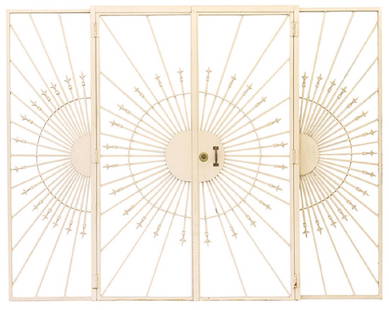 Outstanding Sunburst Gates & Panels: Three piece iron gate set with sunburst pattern with arrow ends. Rectangular frames. 1950's. Replaced handles & locks. Gates- 58 1/4w x 1d x 81 1/2h, side panels- 24 3/4w x 1d x 80h, total width- 107