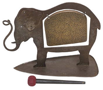 Coberg Ges Gesch Elephant Gong: Rare table top gong, 19540. Hand-hammered metal and brass. Manufacturer's mark to underside. Original wood & silk mallet. 16w x 6 1/2d x 12 1/2h.