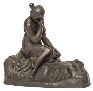 Russian Bronze of Lady Sitting on Rock: Lady sitting and looking at artifacts lying on a rock. Signature to back: U Kpectobekun. 9 1/2w x 5 1/4d x 8h.