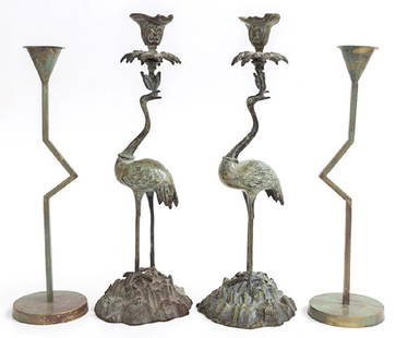 Art Deco Revival Candlesticks: Two pairs of variegated metal candlesticks. 1st pair; cranes on ornate rock base supporting a floral pattern scrolled candle holder. 2nd pair; simple agam style candlesticks. Crane pair; 5 1/2w x 5