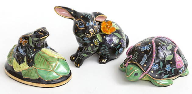 Lynn Chase Animal Figurines: Three animal figurines. Decorated with flowers, butterflies, and dragonflies. Dated 1989. Turtle has manufacturer's label. Turtle; 2 1/2w x 3 1/2d x 1 1/2h, sitting frog; 2w x 3 1/4d x 2 1/2h,