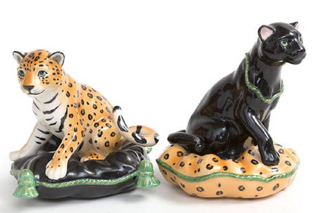 Lynn Chase Animal Figurines: Leopard and panther figurines resting on pillows. Each pillow resembles colors of opposite cat. Manufacturer's mark to each. Leopard; 5 1/2w x 6d x 5 1/4h, panther; 4 3/4w x 5d x 6h.