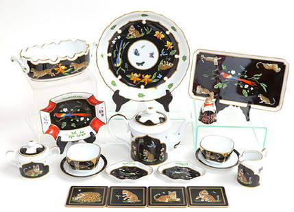 Lynn Chase "Jaguar Jungle" China: Fourteen pieces and box set of coasters. Set includes; Three piece tea service, small scalloped bowl, large scalloped bowl, two saucers, dinner bell, two small finger bowls, two small scalloped