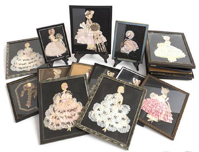 Large Assembled Group of Ribbon Ladies: Group of ribbon ladies. Eighteen various framed, Victorian style ribbon ladies, circa 1920's. Paper lace, watercolor, silk, and various material. One is a jester framed from same materials. Standard