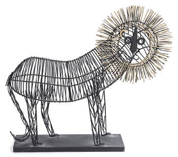 Mid Century Table Sculpture: Lion table sculpture, USA, contemporary. Metal and brass. 17w x 4d x 15 3/4h.