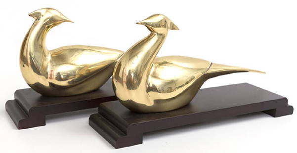 Mid Century Bookends: Cool solid brass bird bookends mounted to ebonized wood bases. 4 3/8w x 14 5/8d x 8h.