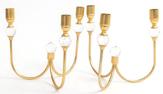 Regency Style Candelabras: Three branch candleholders, 1960's. Brass plated metal and glass. 8 1/2w x 8 1/2d x 7 1/2h.