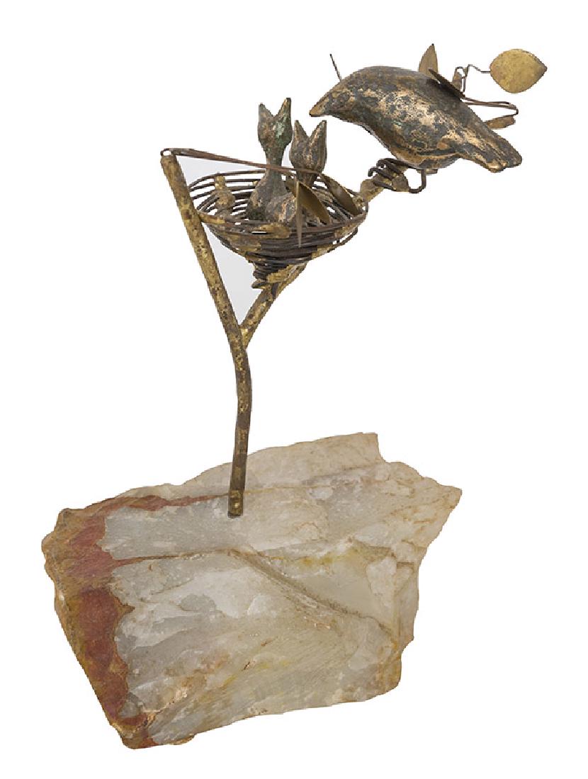 Curtis Jere' Nest Sculpture: Flowering tree sculpture with mother hovering over baby birds in nest. 1960's. Brass, petrified wood. 10w x 5 3/4h x 9 1/2h.