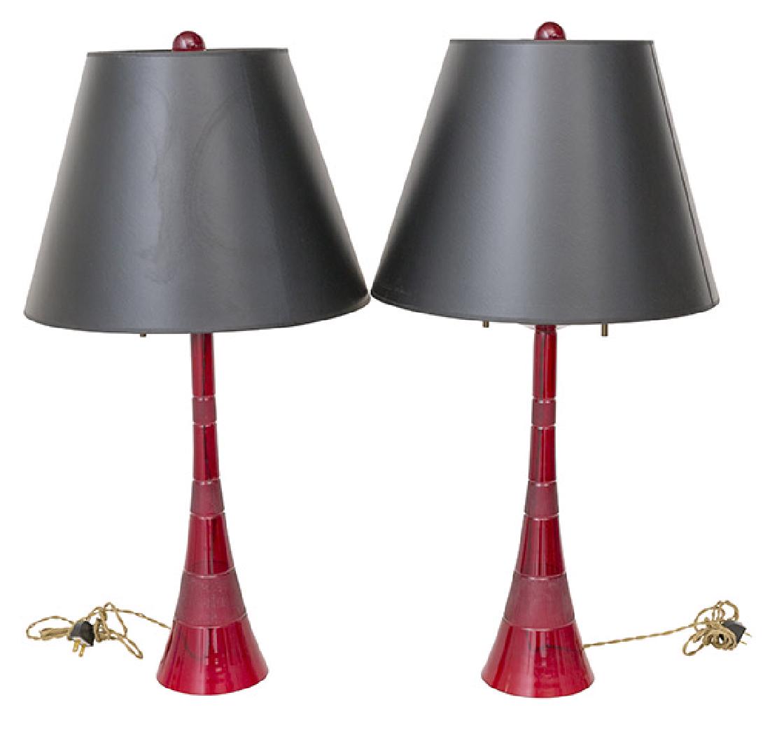 John Hutton Table Lamps: Table lamps, pair. Donghia, 1980. Signed to reverse: Donghia. Handblown Murano glass, original black shades. Brass. 16 dia. x 31 1/2h.