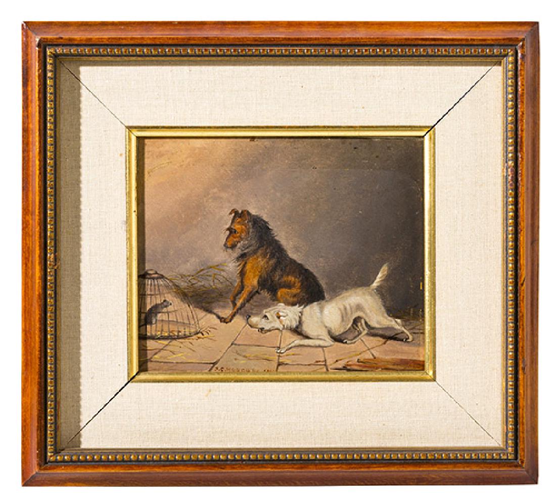 J.C. Rogers (b.1863) Oil: Oil on tin. 19th century. Titled; "Terriers Ratting". 5 1/2 x 6 1/2 sight