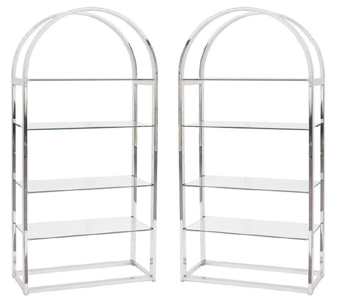 Milo Baughman Etageres: Etageres/Room dividers. Thayer Coggin, 1970's. Chrome-plated steel, glass. 38 1/4w x 16d x 78 3/4h.