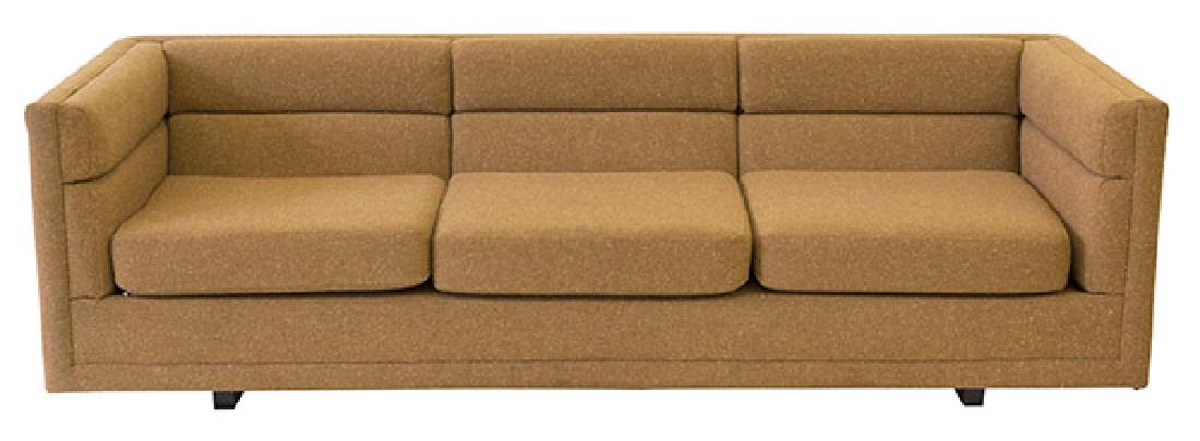 Edward Wormley and Roger Sprunger Sofa: Sofa, model 1172. Dunbar, 1960's. Lose cushions and channeled back. Manufacturer's mark in ticking ("Hey Jeff" multiple times). Mahogany, upholstery. 89w x 33d x 26 1/2h (seat height 17 1/2).
