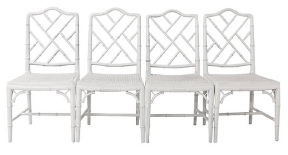 William "Billy" Haines (Attribution) Dining Chairs: Decorator faux bamboo trellis side chairs, set of four. These match the arm chairs sold in 2014, May 18, lot #214, Los Angeles Modern Auctions. Lady originally from LA and is friends with Rita Roedhny