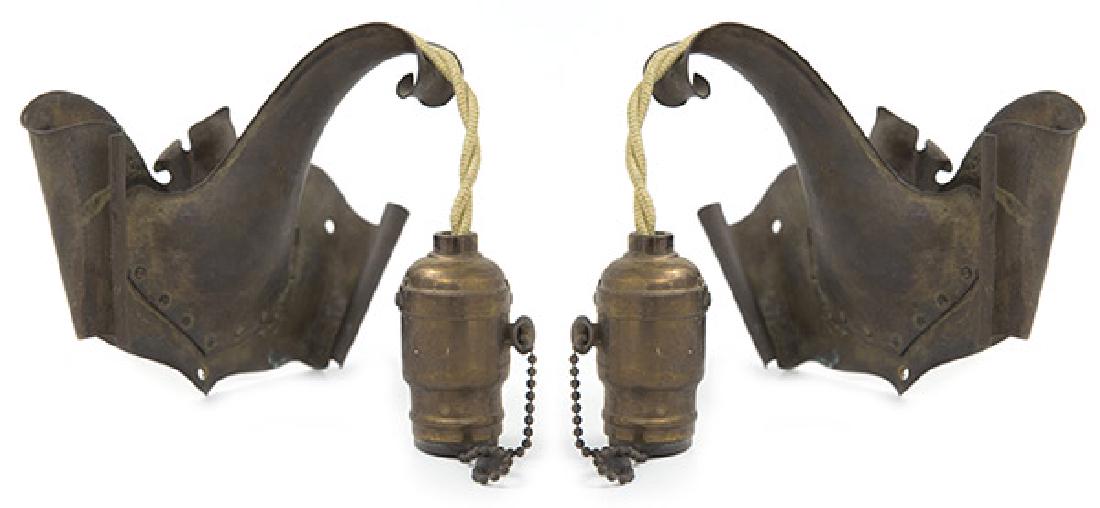 Art & Craft Hand-Hammered Sconces: Sconces, pair. 1920's. Hand-hammered and forged. 8 1/4w x 4 1/2d x 5h.