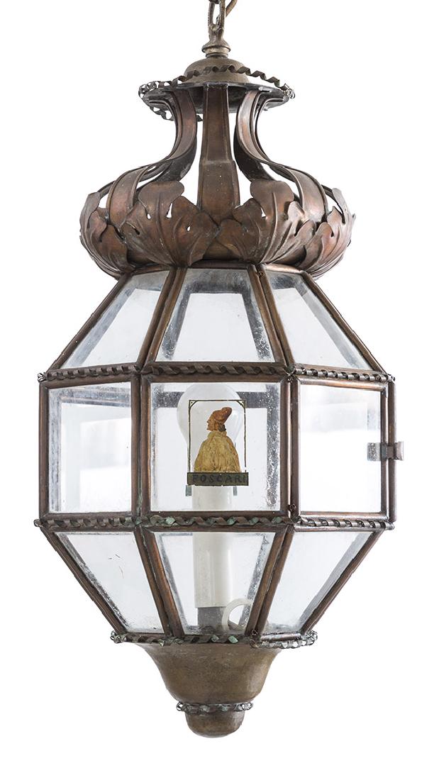 Italian Copper Hanging Pendant Light: Hanging copper light with acanthus leaf crown with scrolled supports connecting to cap. Hand-hammered nipple bottom. Octagonal shaped glass pane center with hand-painted decorations. 10 1/2w x 10 1/2d