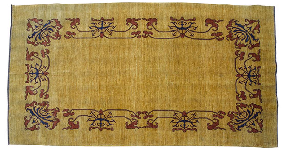 Arts & Craft Rug: Area rug. Unusual field of black, orange, red. 6'6" x 9'. All rugs are sold as is.