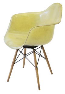 Charles & Ray Eames Dowel Leg Armchair: Dowel leg armchair (26w x 24 ½d x 27h). Rope edge armshell, Herman Miller/Zenith Plastic, USA, c. 1950. Molded fiberglass, birch, enameled steel. Manufacturer’s label to underside.