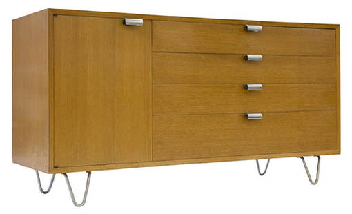 George Nelson & Associates Cabinet: Cabinet (56 1/4w x 20d x 29 3/4h), model 4712, Herman Miller, USA, 1946. Combed oak, aluminum, stainless steel. Cabinet features four drawers and one door concealing adjustable shelf. Iconic hairpin