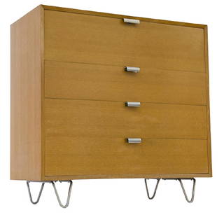 George Nelson & Associates Cabinet: Cabinet, model 4623 from the basic cabinet series, Herman Miller, USA, 1946. Combed oak, aluminum, and stainless steel. Cabinet features three drawers and a drop-front writing surface concealing