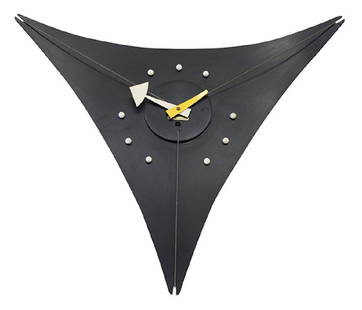 George Nelson & Associates Triangle Wall Clock: Triangle wall clock. Model 2225A. Howard Miler Clock Company. USA, 1955. Lacquered masonite, lacquered wood, enameled aluminum, steel wire. (Early Keywind version) 20 1/2w x 4 1/4d x 18h. Signed with